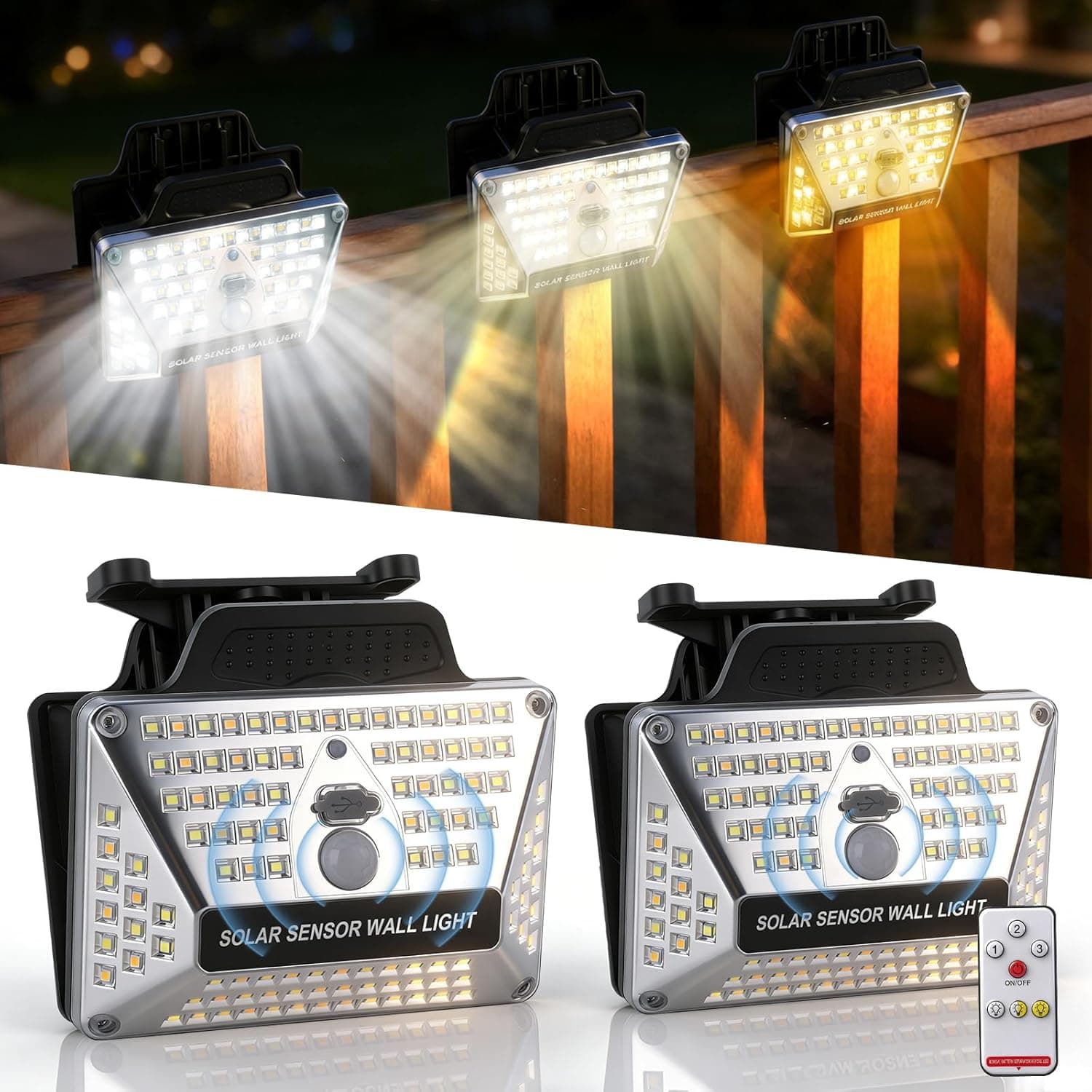 BORUIT Clip On Solar Lights Outdoor, 3 Color Temperature,111 LEDs Solar Powered Fence Light with Motion Sensor, USB C Rechargeable, Security Light with Remote for Outside Wall Gutter Garage (2 Pack)