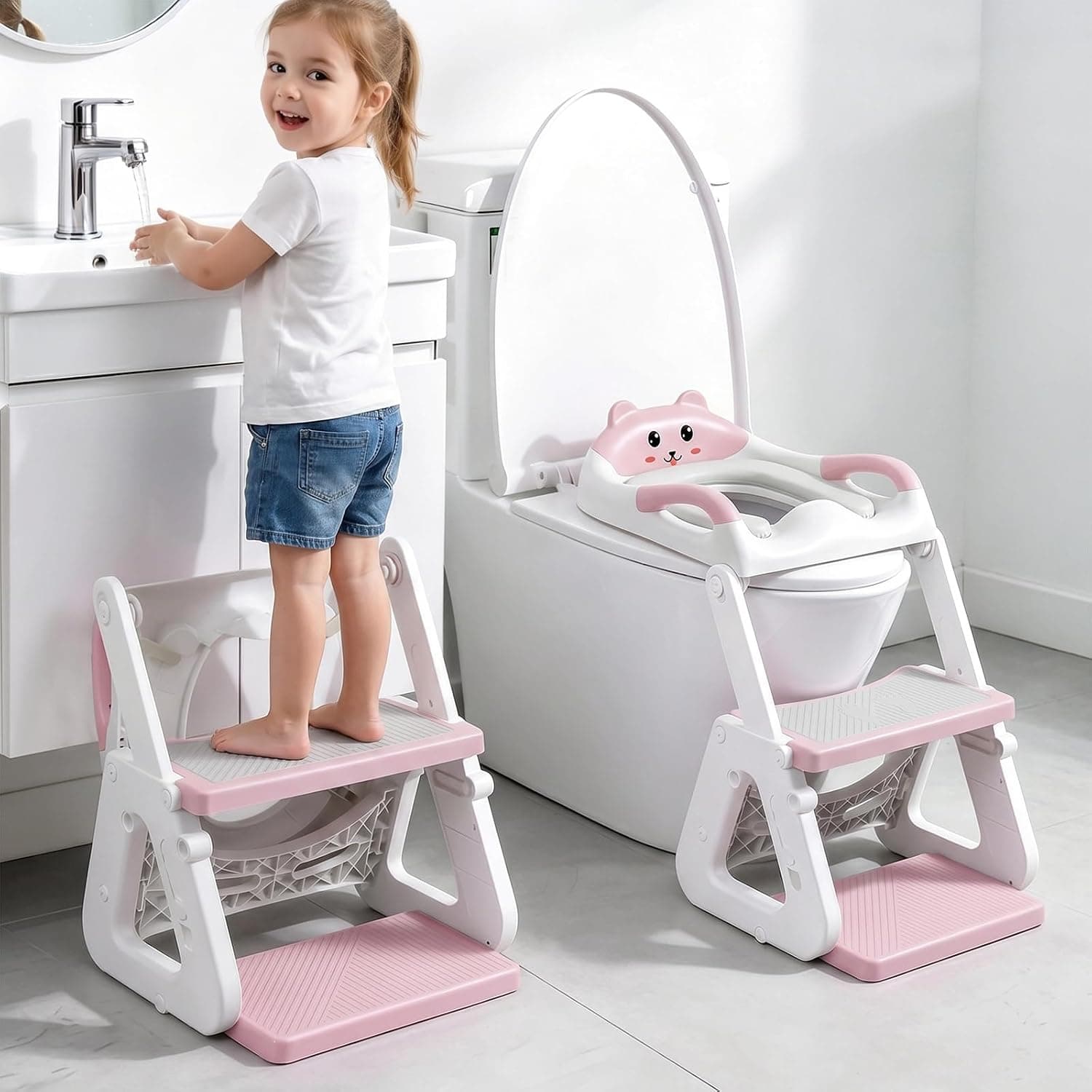 Orzbow Potty Training Seat with Step Stool, Toddler Toilet Seat with Ladder | 7 Height Adjustable, Splash Guard, Non-Slip Base, Handles, Stable Triangular Fits Most Toilets, For Kids Boys Girls, Pink