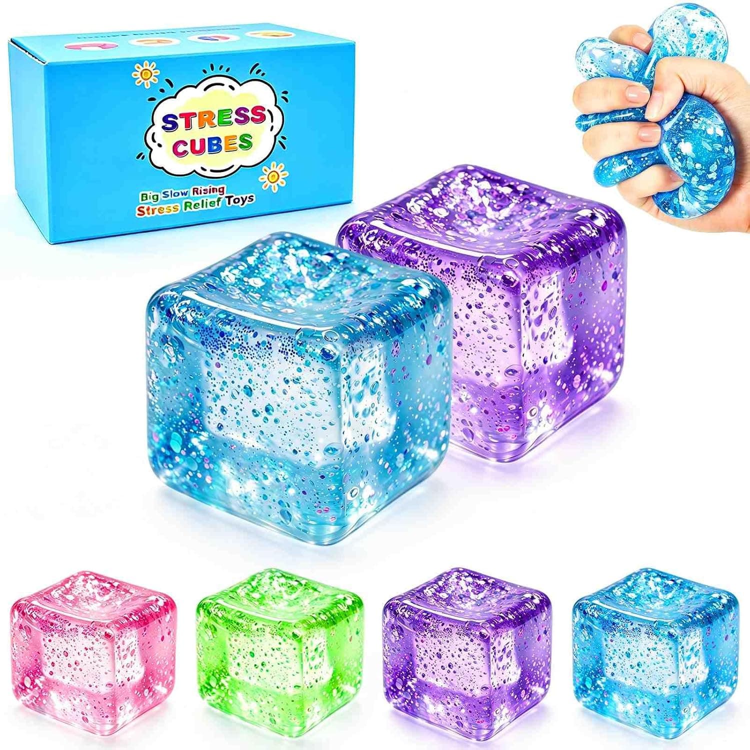 Square Squishy Squeeze Fidget Toys: Stress Relief Toys for Men Super Soft Slow Rising Cube - Sensory Desk Toys for Office Stress, Anxiety Relief & Focus - Cool Birthday Party Favors for Teens & Adults
