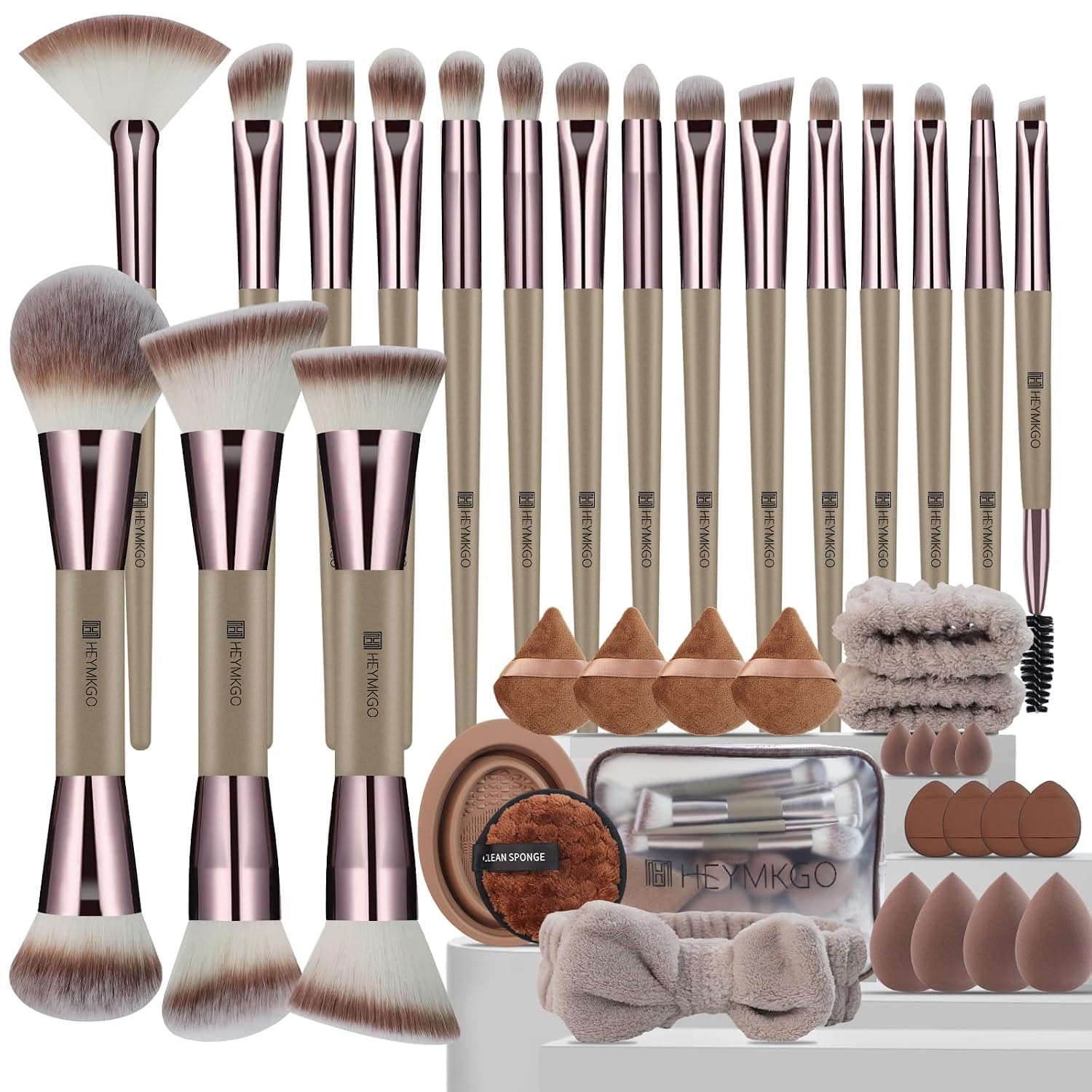Makeup Brushes, 40Pcs Professional Makeup Brush Set Dual Ended Foundation Blush Concealer Contour Powder Eyeshadow Make up Tools with Sponges Puffs Clear Bag for Blending Buffing Highlighting