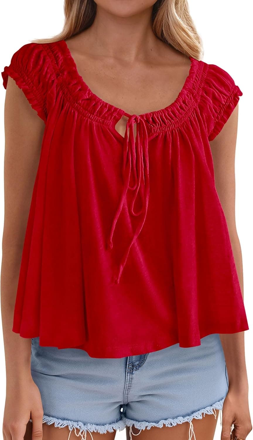 PRETTYGARDEN Women Babydoll Tops 2026 Summer Clothes Cap Sleeve Tie Front Flowy Tank Top Peplum Blouses Cute Going Out Shirts