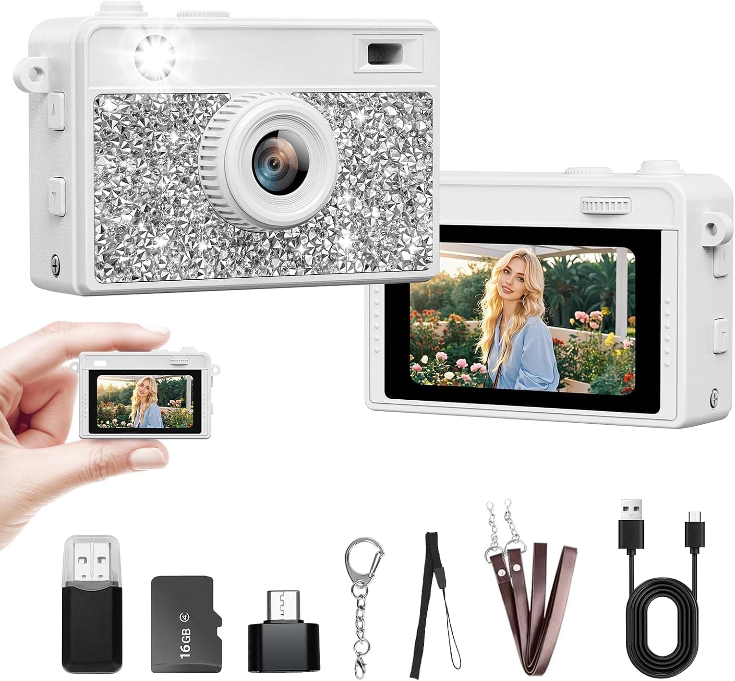 Mini Camera - 2K Mini Digital Camera with 16GB Card, Long Battery Life,Travel Vlog & Photo Shooting Anytime,Fashion Accessories, Necklace & Keychain Camera, Gifts for Friends and Women,White