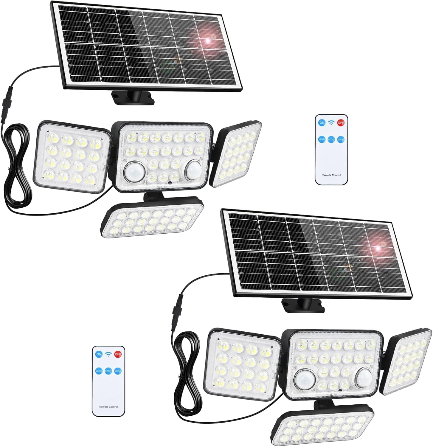 2Pack Solar Lights Outdoor Motion Sensor 3600LM 5000mAh Battery,Bright 8500K 292 LEDs 4 Heads Solar Security Flood Lights Waterproof IP65,Remote Control,3 Modes for Backyard,Garage,Patio