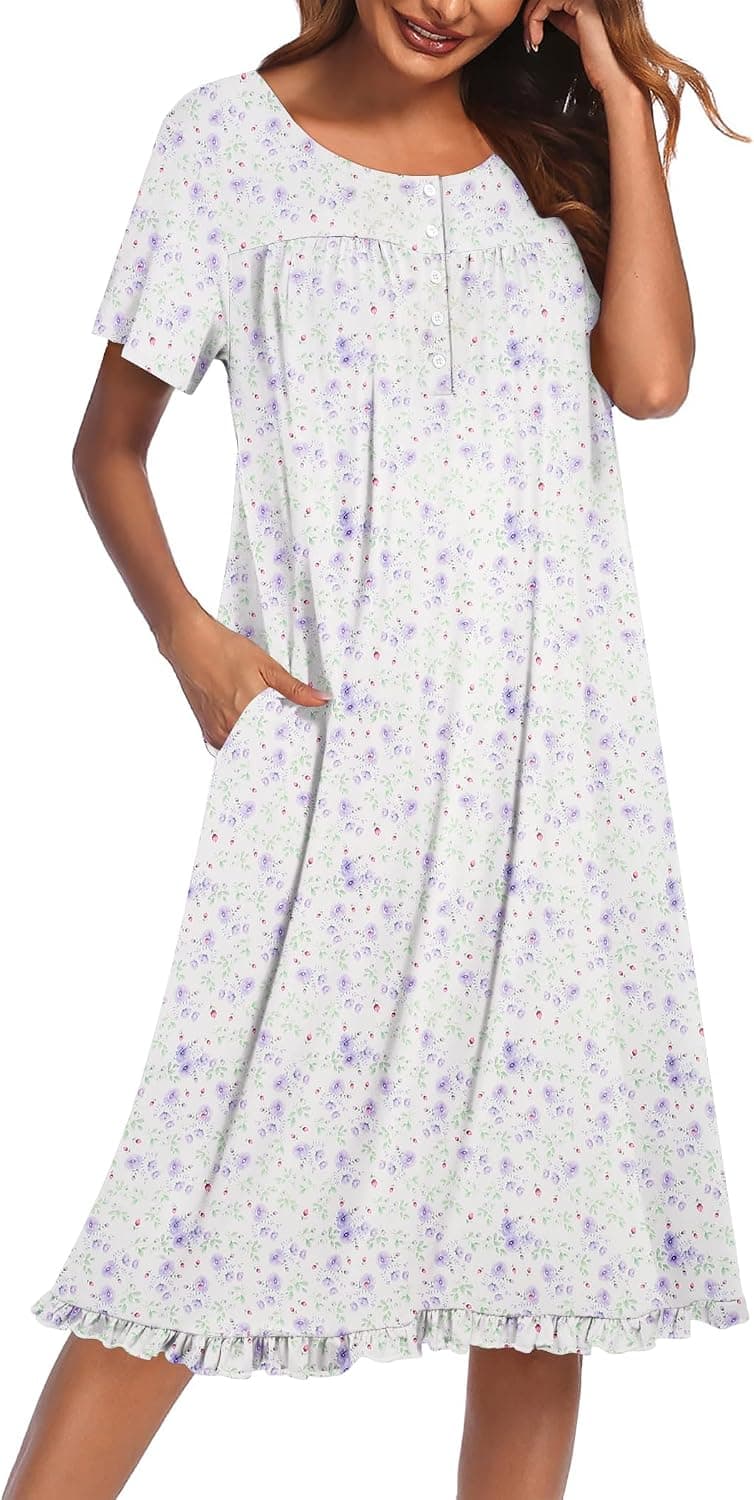 Ekouaer House Dresses for Women with Pockets Short Sleeve Moo Moos | Floral Print Mumu Dresses, Crewneck Pleated Front Button Moomoo Dress, Ruffled Hem, Soft Sleepwear, for Lounge, Sleep