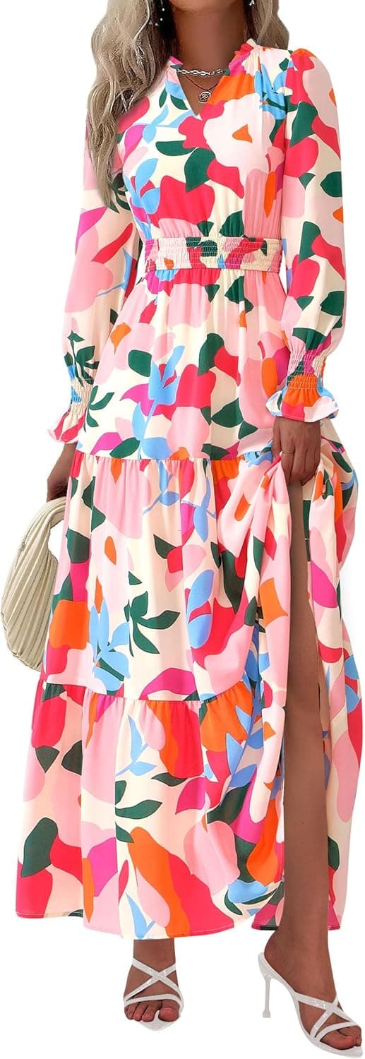 PRETTYGARDEN Women's Floral Maxi Dress 2026 Fall Long Sleeve V Neck A Line Long Flowy Spring Party Boho Dresses
