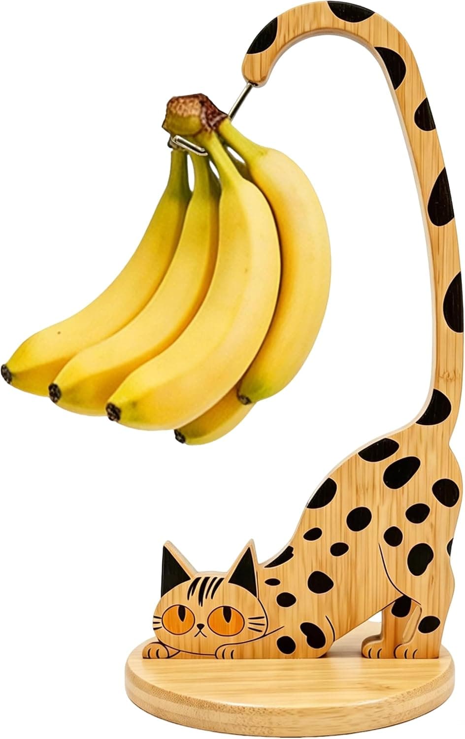 Cat Banana Holder Stand, Natural Bamboo Banana Hanger with Stainless Steel Hook for Kitchen Countertop - Decorative Leopard Cat Fruit Tree for Even Ripening, Quirky Home Decor