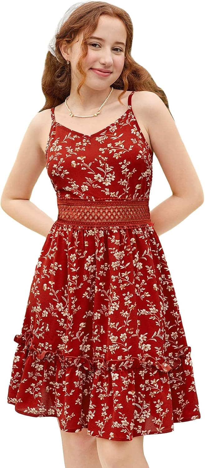 WDIRARA Girl's Floral Print Ruffle Hem V Neck Frill Flounce Hem Spaghetti Strap High Waist Cami Dress