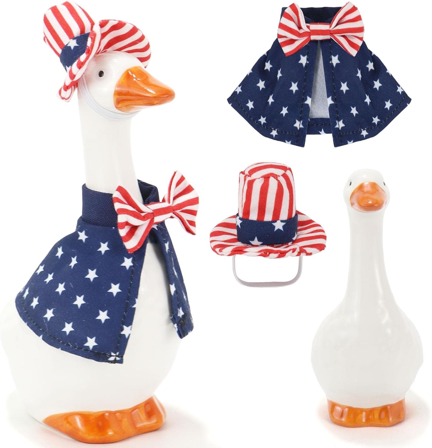 7 Inch Desk Goose with Patriotic Outfits,4th of July Decoration Ceramic Mini Porch Goose with Top Hat & Stars Outfit, Ideal for Tabletop Home Office Indoor Outdoor Decor