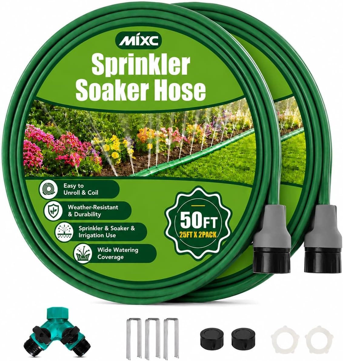 MIXC Reinforced Sprinkler Hose with Holes, 50FT (25FT×2 Pack) No-Kink Heavy Duty Flat Sprinkler Soaker Hose with Stakes & Splitters, Drip Irrigation Garden Hose for Lawn, Vegetable, Yard & Flower Bed