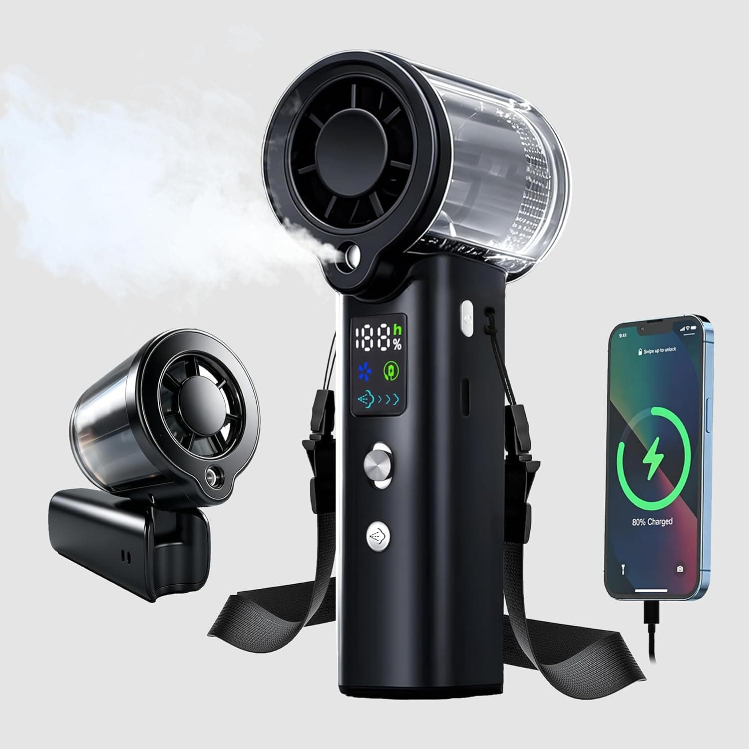 Portable Misting Fan, Handheld Rechargeable Fan with Water Mist, Personal Mini Turbo Fan with 1-100 High Speeds (20000 RPM), LED Light for Music Festival, Summer Trip Must-Haves, Black