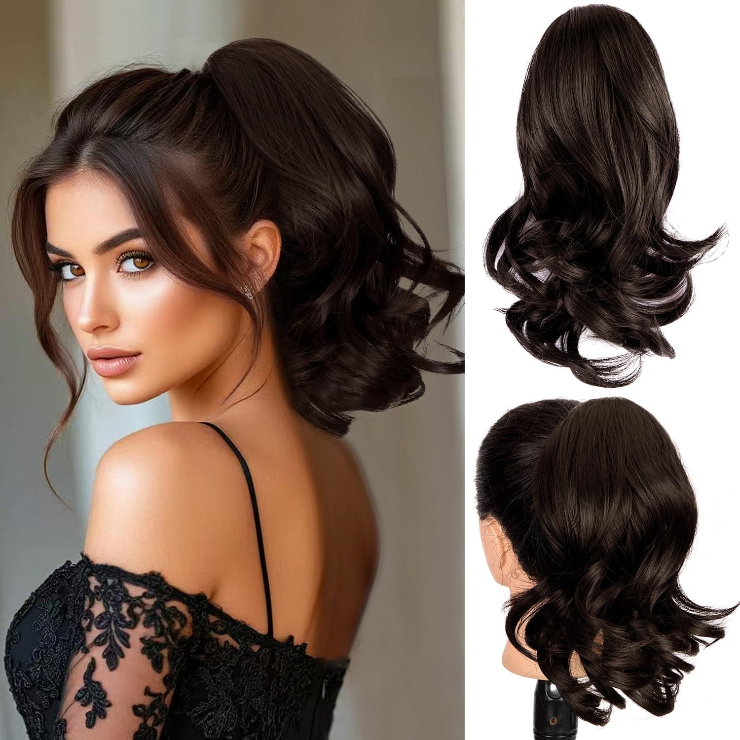 Ponytail Extension, 12inch Curly Wavy Ponytail Claw Clip Ponytail Extension Natural Looking Soft Synthetic Clip on Pony Tails Hairpiece for Women (Brown Black 6#)