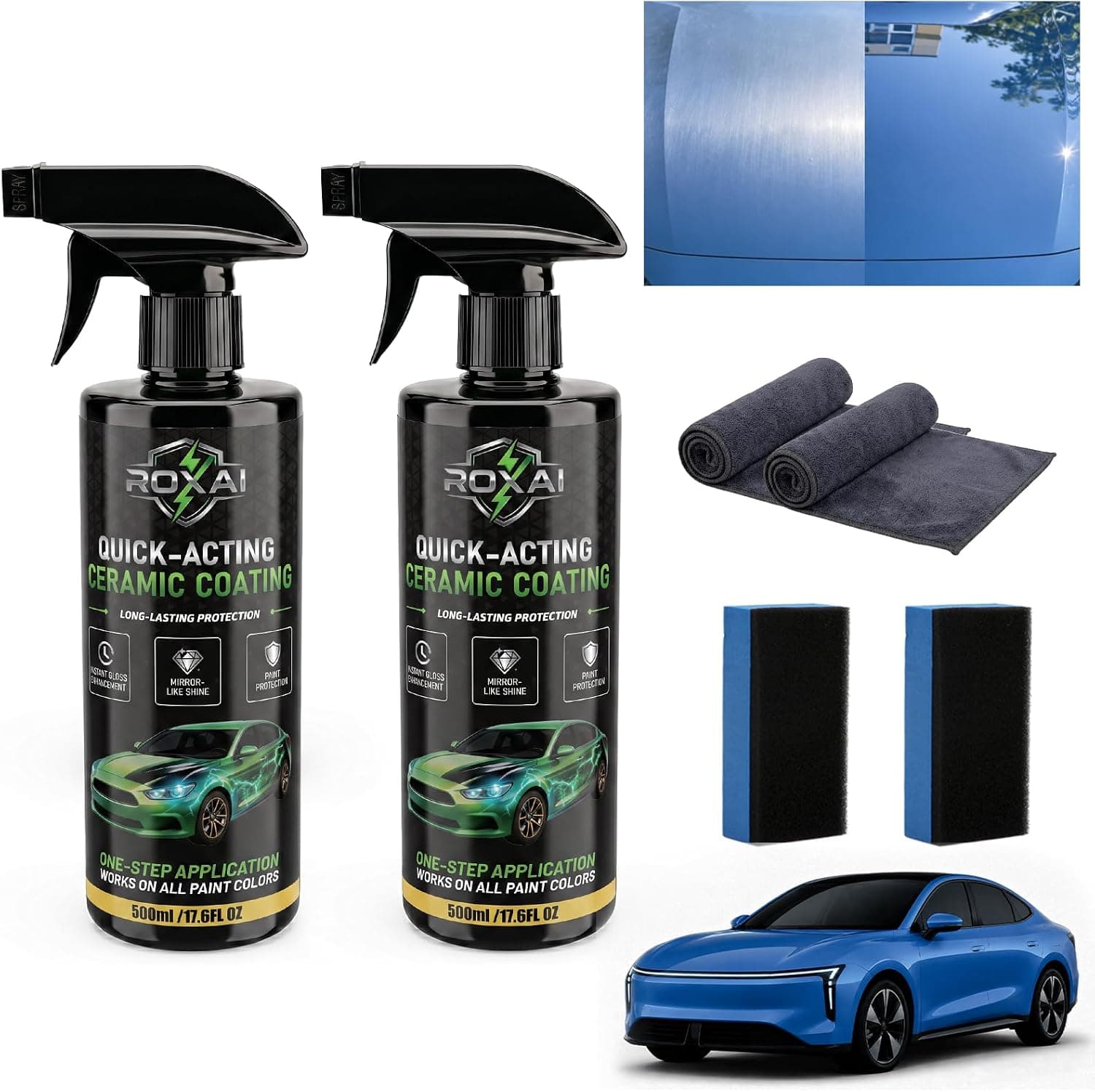 ROXAI 2PCS Car Coating Spray,Hydrophobic Ceramic Spray Wax for Paint Protection, Quick Detailer Waterless Wash & Sealant, Adds Gloss & Smoothness, Long-Lasting Shine for Cars, Trucks, SUVs