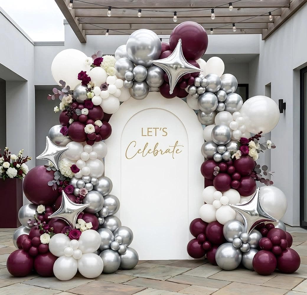 Double Stuffed Burgundy, Pearl White, Silver Balloon Arch Garland Kit | Dark Plum Purple Latex Balloon with Foil Stars / Graduation, Prom, Wedding, Bridal, Baby Shower, Birthday, University Party