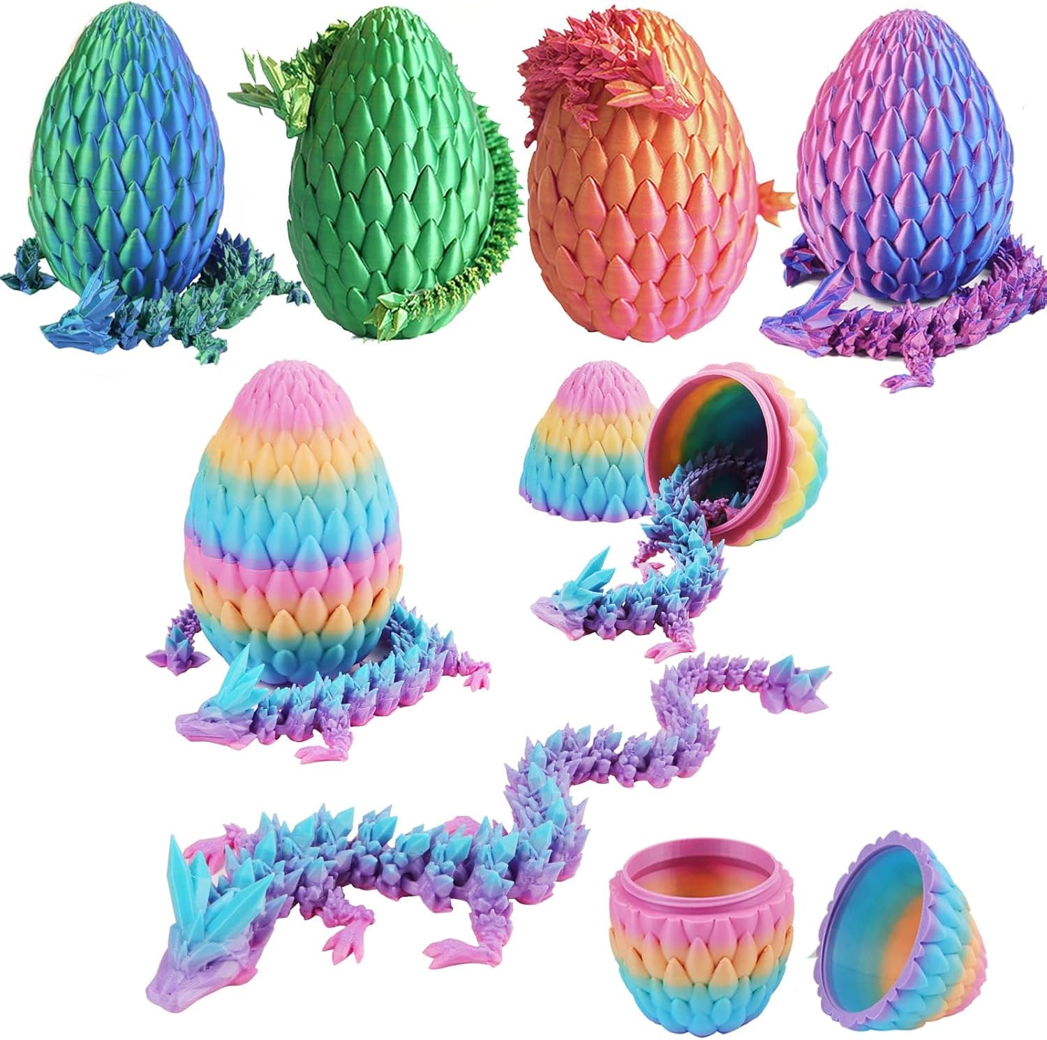 Qxbuhe 12inch 3D Printed Dragon Egg,Mystery Crystal Dragon Fidget Toys,Articulated Dragon,Home Desk Decor Easter Surprise Dinosaur Eggs,Adults Fidget Toys for Autism/ADHD (Rainbow)