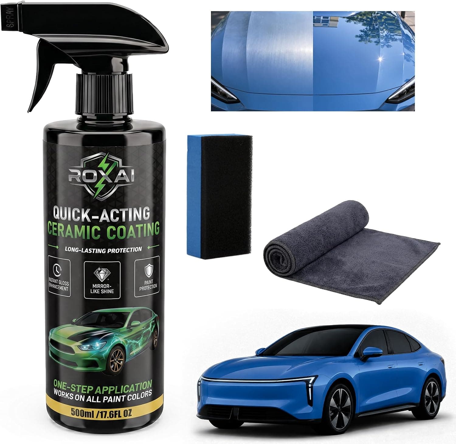 ROXAI Car Coating Spray, 17.6 oz Hydrophobic Ceramic Spray Wax for Paint Protection, Quick Detailer Waterless Wash & Sealant, Adds Gloss & Smoothness, Long-Lasting Shine for Cars, Trucks, SUVs