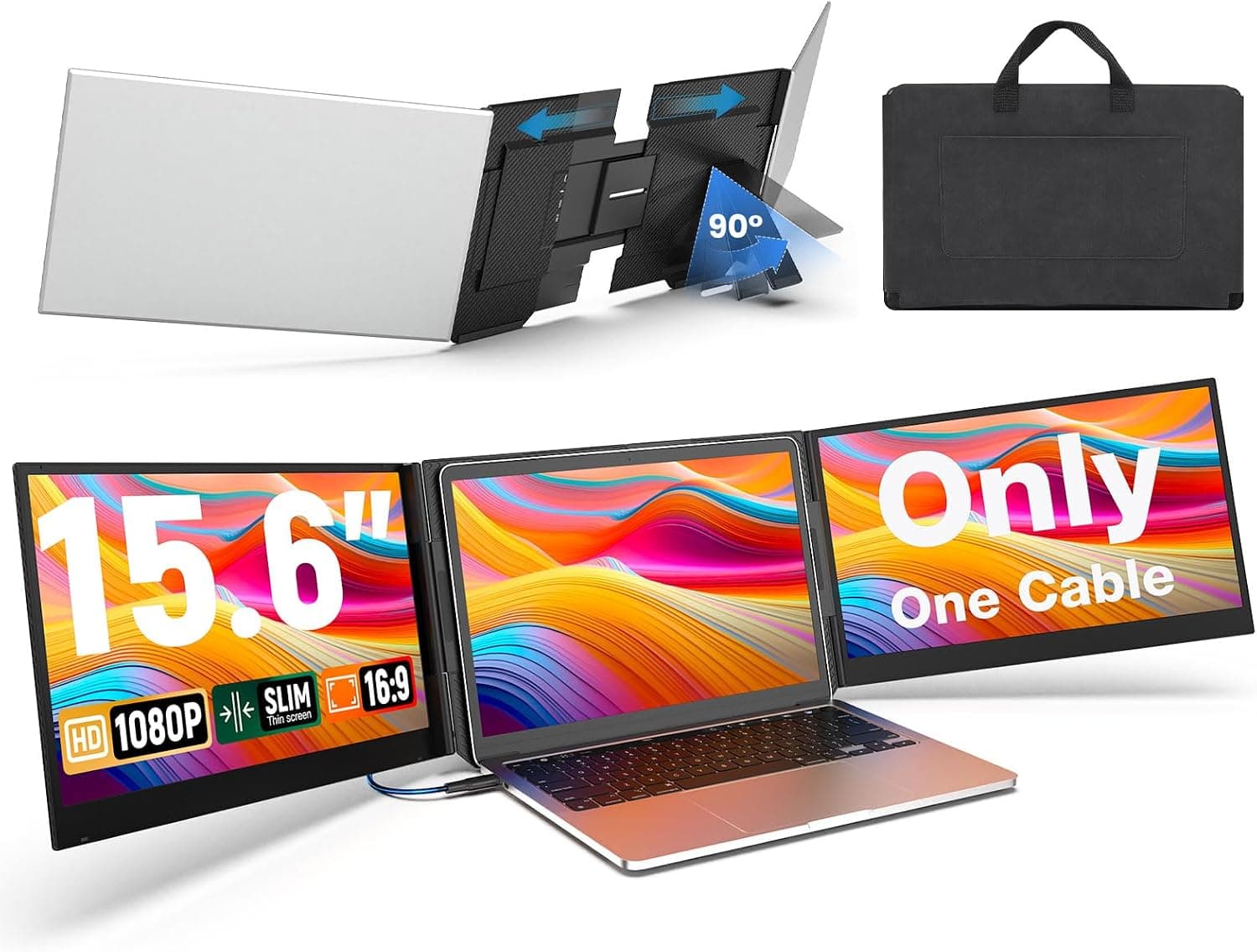 Laptop Screen Extender, 15.6" 1080P FHD IPS Display, One Cable Triple Monitor for 13"-17.3" Laptops, Driver Required, Laptop Monitor Extender Compatible with Windows, Mac, Chrome