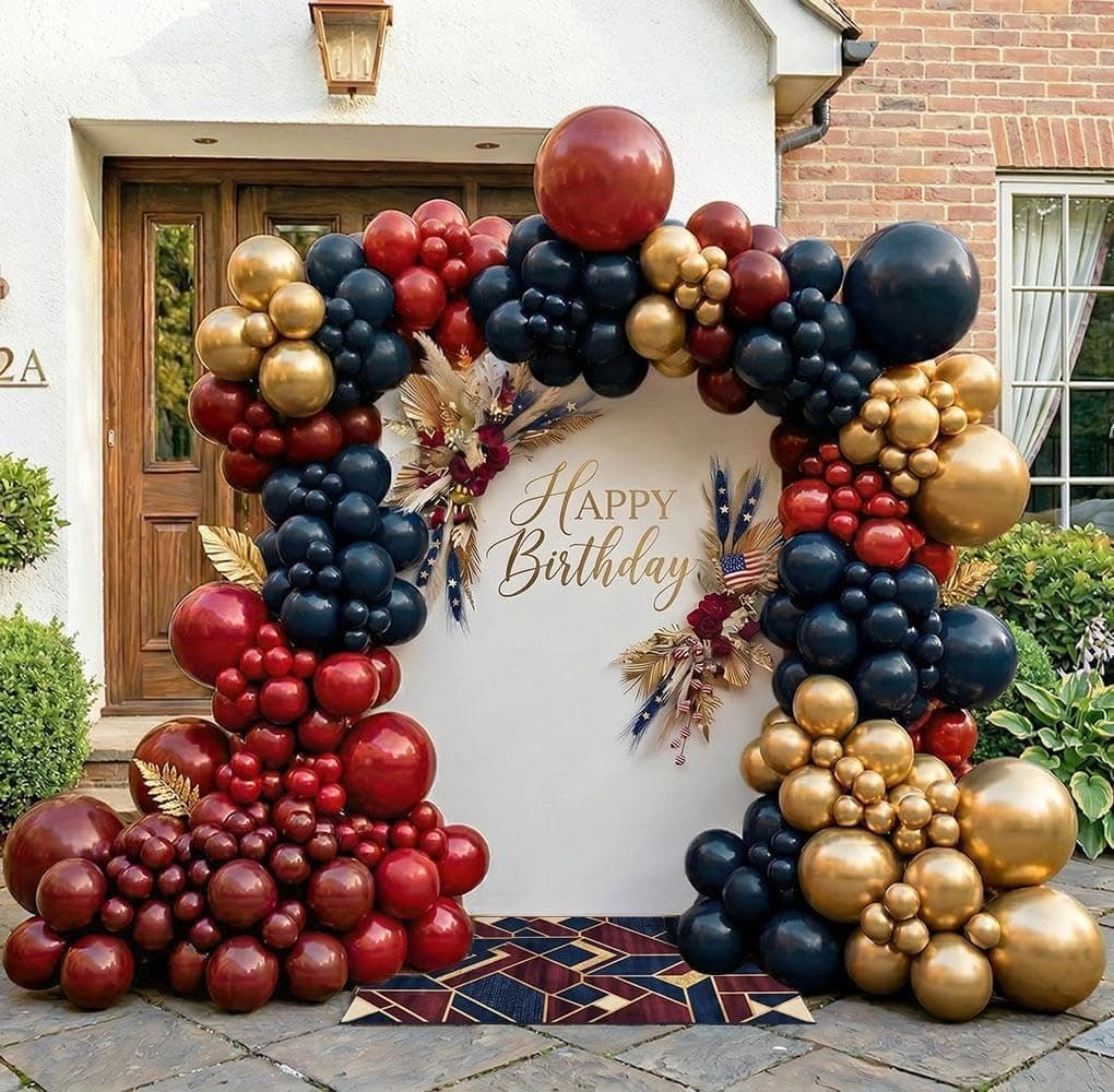Double Stuffed Navy Blue Burgundy Red Balloon Arch Garland Kit | Dark Blue, Ruby Red, Gold Latex Balloons / Class of 2026 Graduation,July 4th,Patriotic,Independence Day,Birthday,Father Party