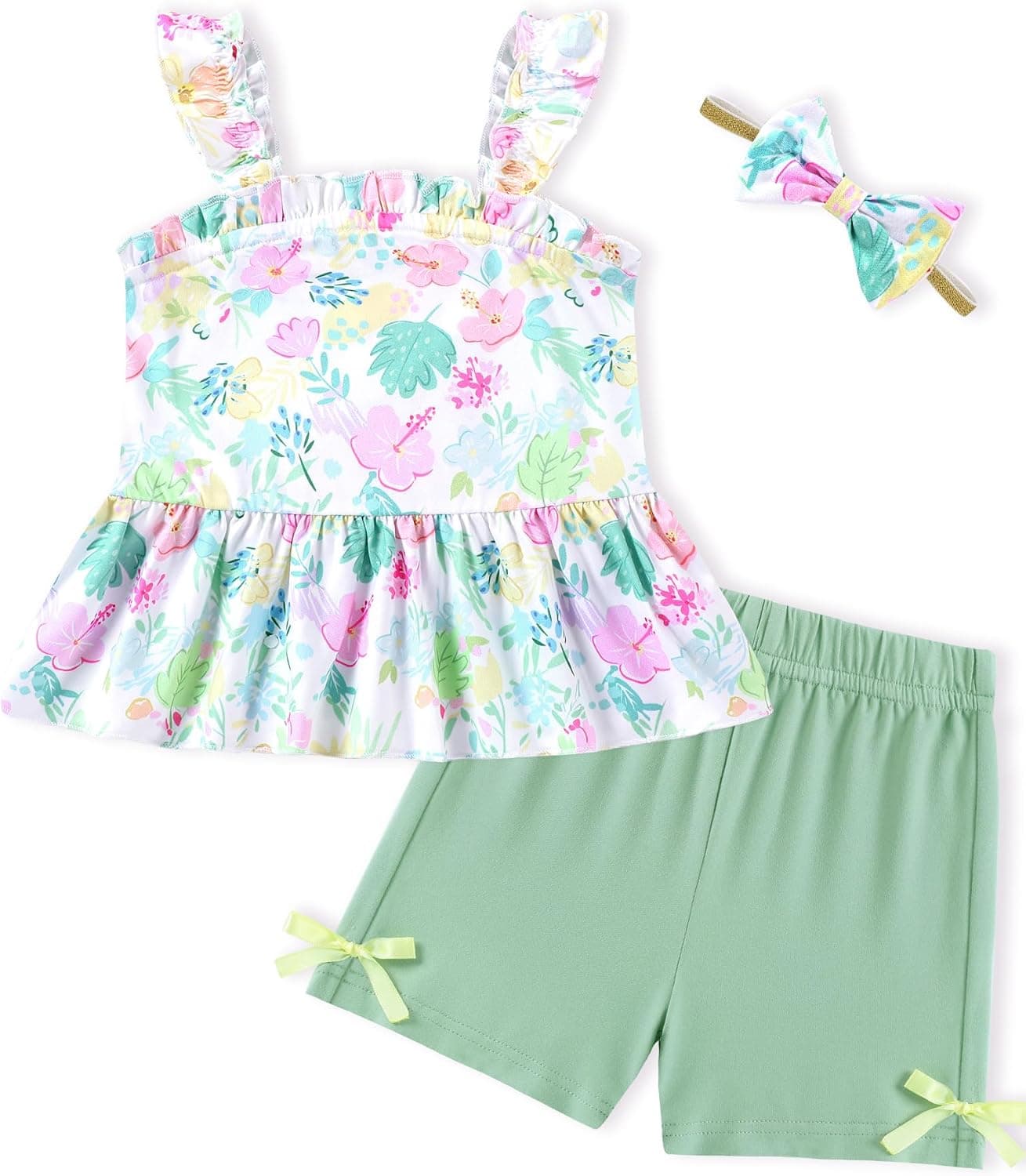 WESIDOM Baby Girl Clothes 6M-4T Toddler Girls Summer Outfits Ruffle Sleeveless Tank Top + Shorts + Headband 3Pcs Clothing Set