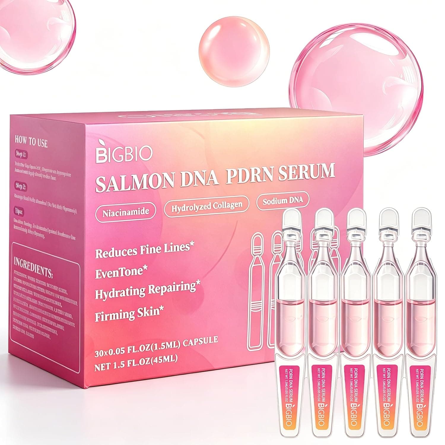 Salmon DNA Serum, PDRN Serum Ampoule for Face, Recombinant Collagen, Hyaluronic Acid, Skin Care For Deep Hydration, Moisturizing, Anti Aging, Firming & Uneven Skin Tone, 0.05 Fl.Oz x 30e