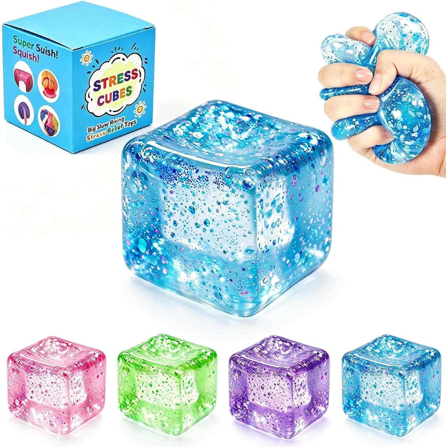 Square Squishy Squeeze Fidget Toys: Stress Relief Toys for Men Super Soft Slow Rising Cube - Sensory Desk Toys for Office Stress, Anxiety Relief & Focus - Cool Birthday Party Favors for Teens & Adults
