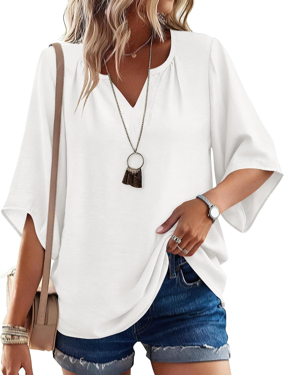 LOMON Women's 3/4 Length Sleeve Boho Tops V Neck Casual Vacation Clothes Loose Fit Tunic Shirts S-3XL