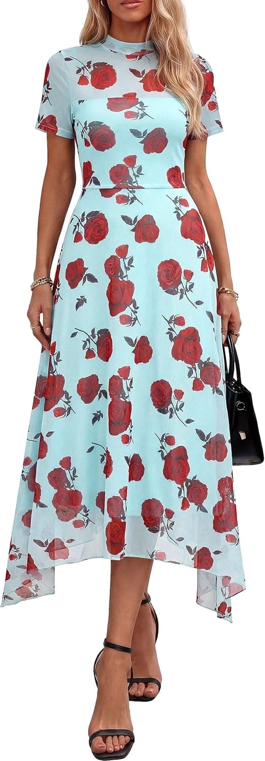 PRETTYGARDEN Cocktail Dresses for Women 2026 Summer Short Sleeve Floral Mesh Sheer Midi Party Wedding Guest Dress