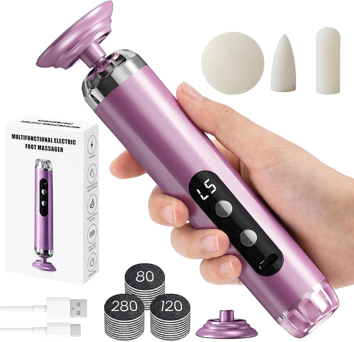 Electric Callus Remover for Feet, Cordless Foot Sander with 5 Speeds | Upgraded 1200RPM, 3-in-1 File, LED Display, 3-Hour Battery, 50 Discs, Heel Grinder, Home Pedicure Gift for Women Men