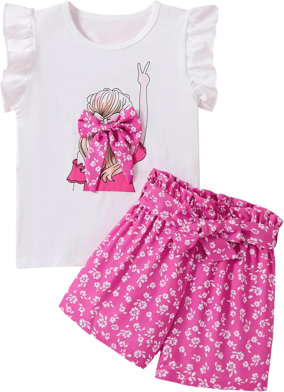 Cute Sleeveless High Waisted Short Sets for Girls (Ages 6-14) - Deep Pink Cotton Blend