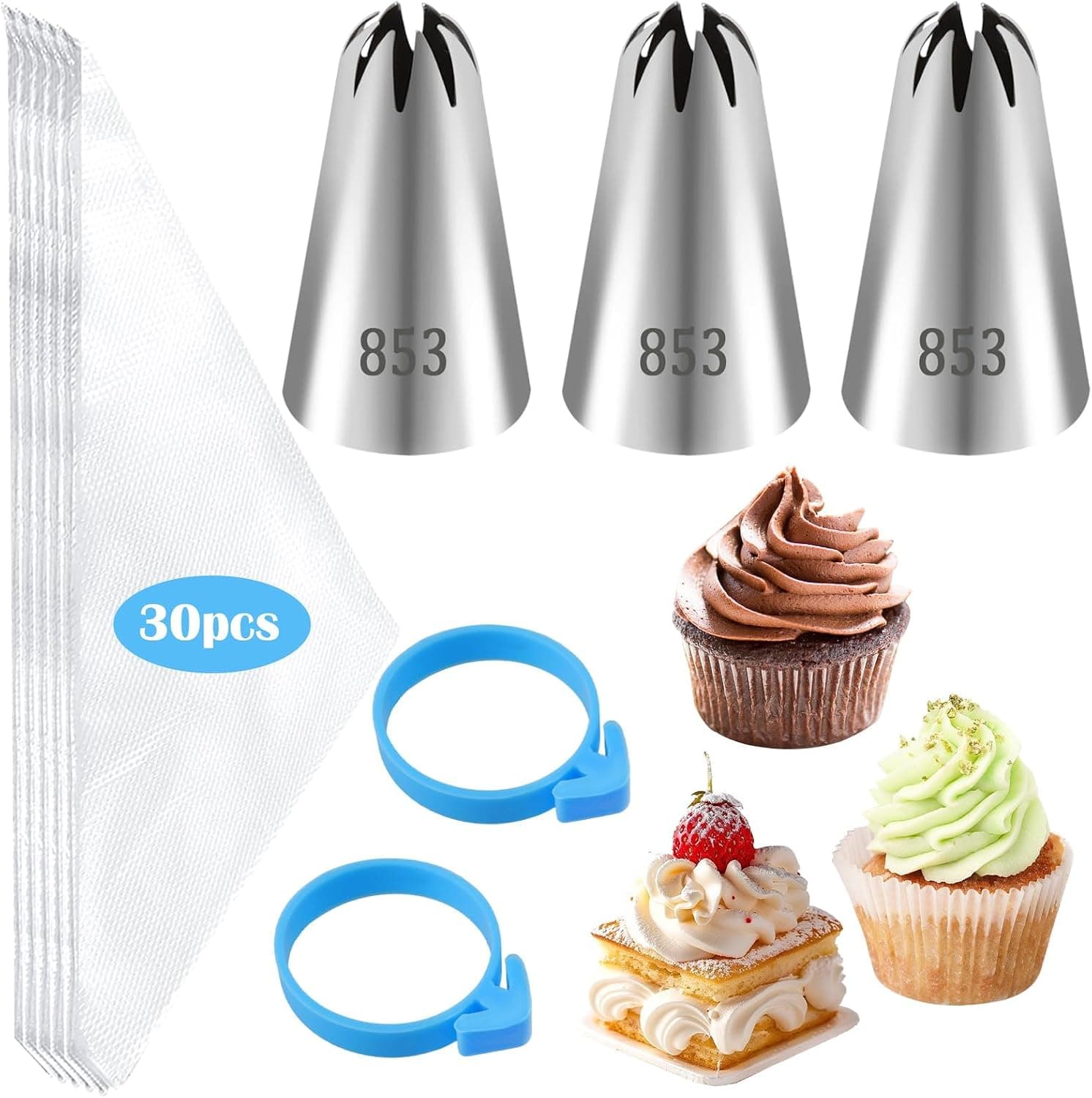 35pcs #853 Open Star Piping Tips and Bags Set, Stainless Steel Star Decorating Tip for Cake Cupcakes Shells Stars Roses DIY Baking Supplies