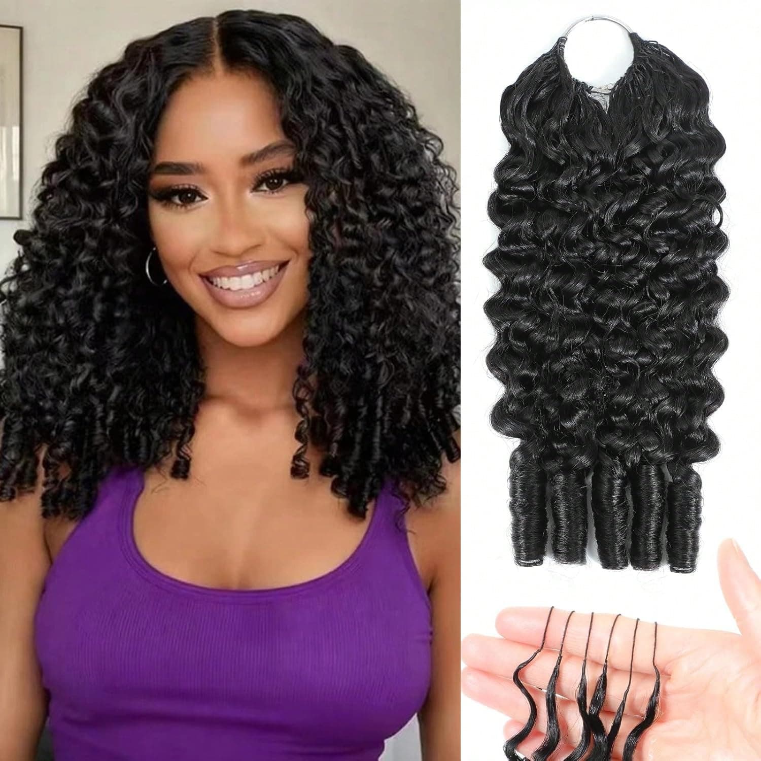 Natural Black 22inch Burmese Curly Crochet Human Hair Extensions: Knotless Pre-Separated Feather Style, Lightweight Reusable Remy Hair with Spiral Curls for Women, 50g