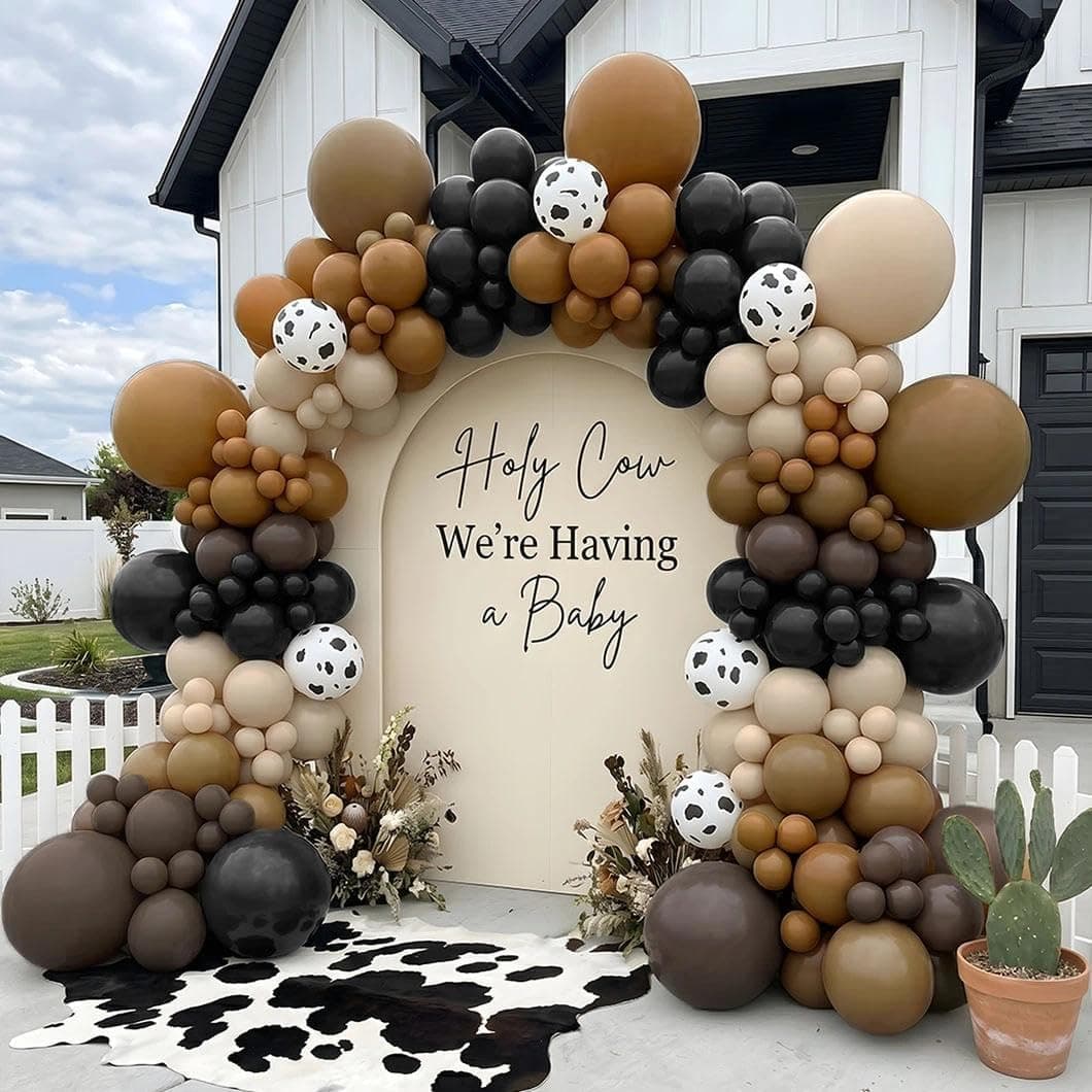 Double Stuffed Western First Rodeo Cowboy Balloon Arch Garland Kit | 105Pcs Matte Black,Brown,Tan,Sand,Cow Print Latex Balloons/ Baby Shower,Birthday,Boho,Farm,Wild Party