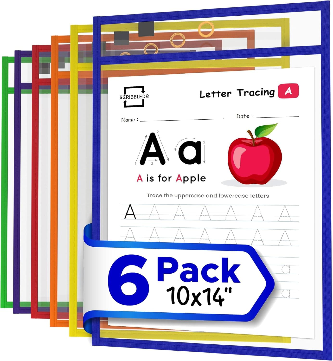 SCRIBBLEDO Dry Erase Pocket Sleeves 6 Pack, Reusable Sheet Protectors 10x14 | 6 Assorted Colors with Marker Holder, Oversized 10x14"