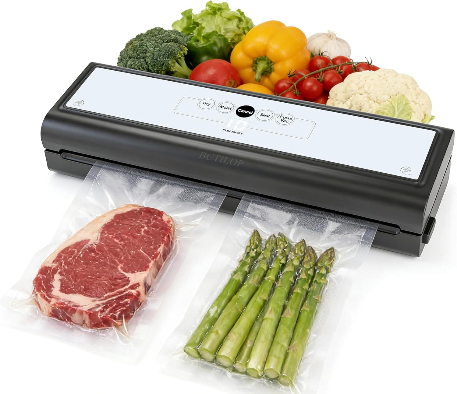 Food Vacuum Sealer Machine with Digital Timer 5-in-1 Pulse/Dry/Moist Modes, 10 Vacuum Bags, External VAC, Automatic Food Sealer for Meal Prep, Kitchen Storage & Leftovers, Compact