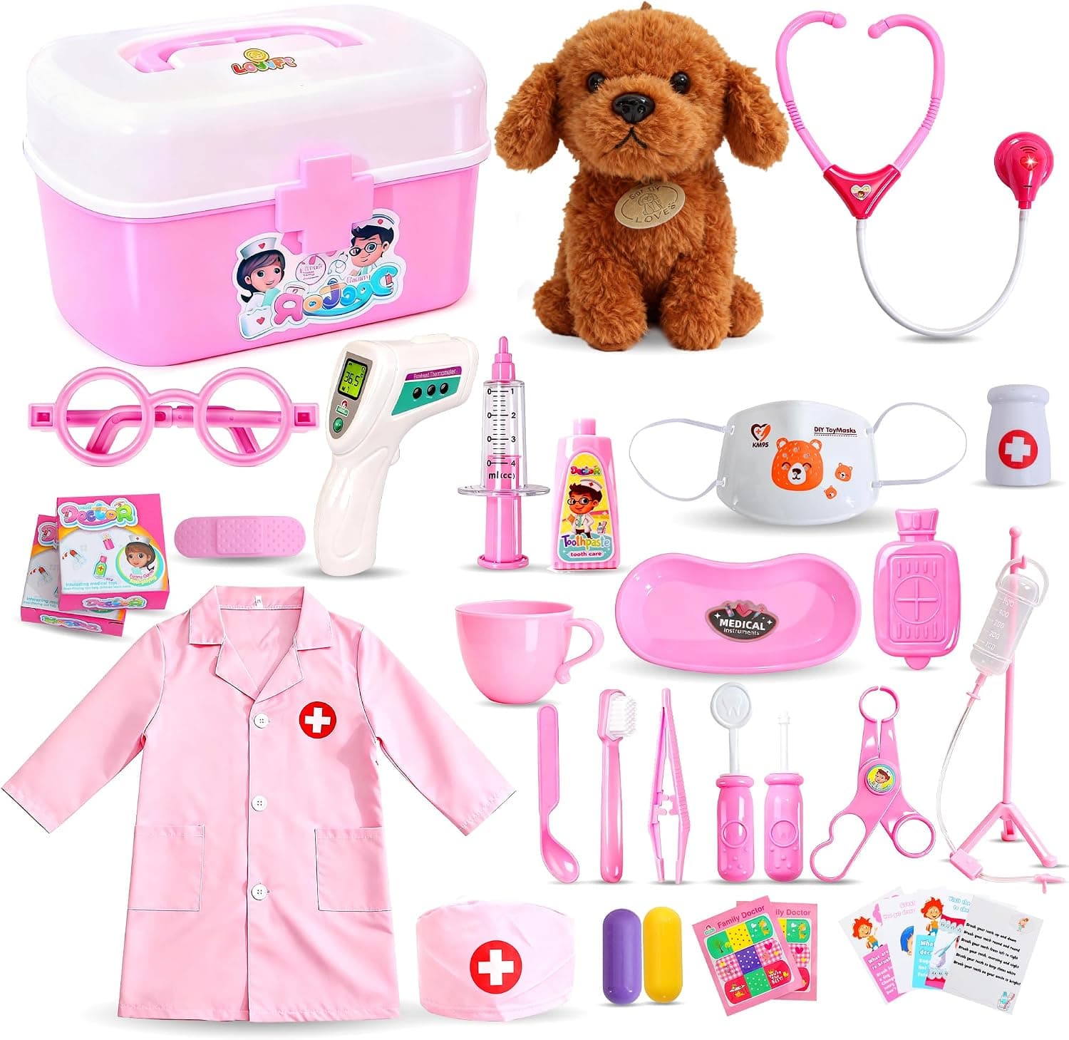 Girl Toys Doctor Kit for Toddlers 3-5 with Plush Dog, 39 PCS Kids Vet Play Set with Heartbeat Sound Stethoscope & Dress Up Toddler Doctor Costume & Hat