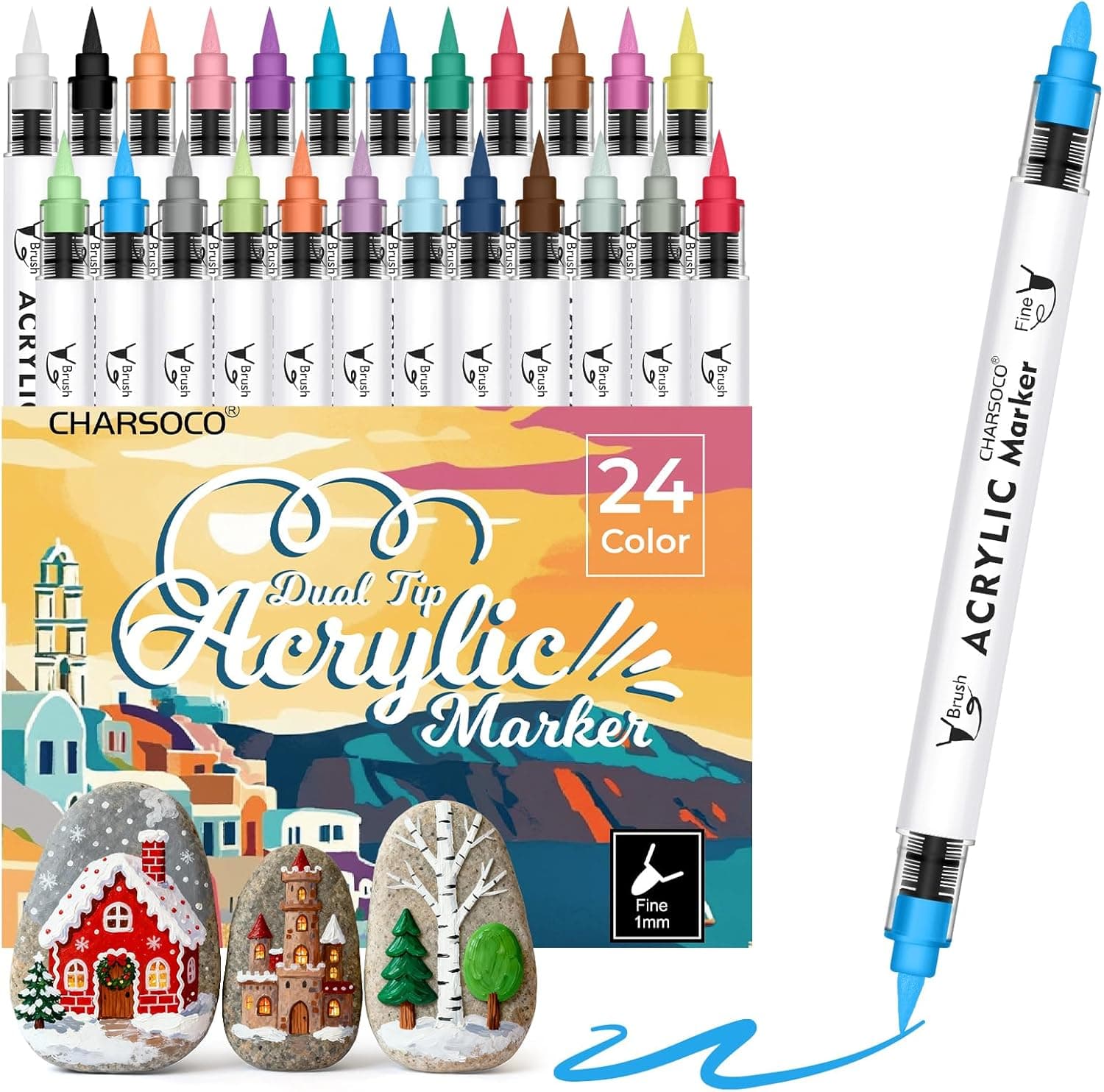 Acrylic Paint Markers, 24 Colors Dual Tip Acrylic Paint Pens, Water-Based No-Bleed Markers with Automatic Ink Control System, Bullet & Brush Tip, Works on Paper, Wood, Ceramic, Rock,813-24pcs