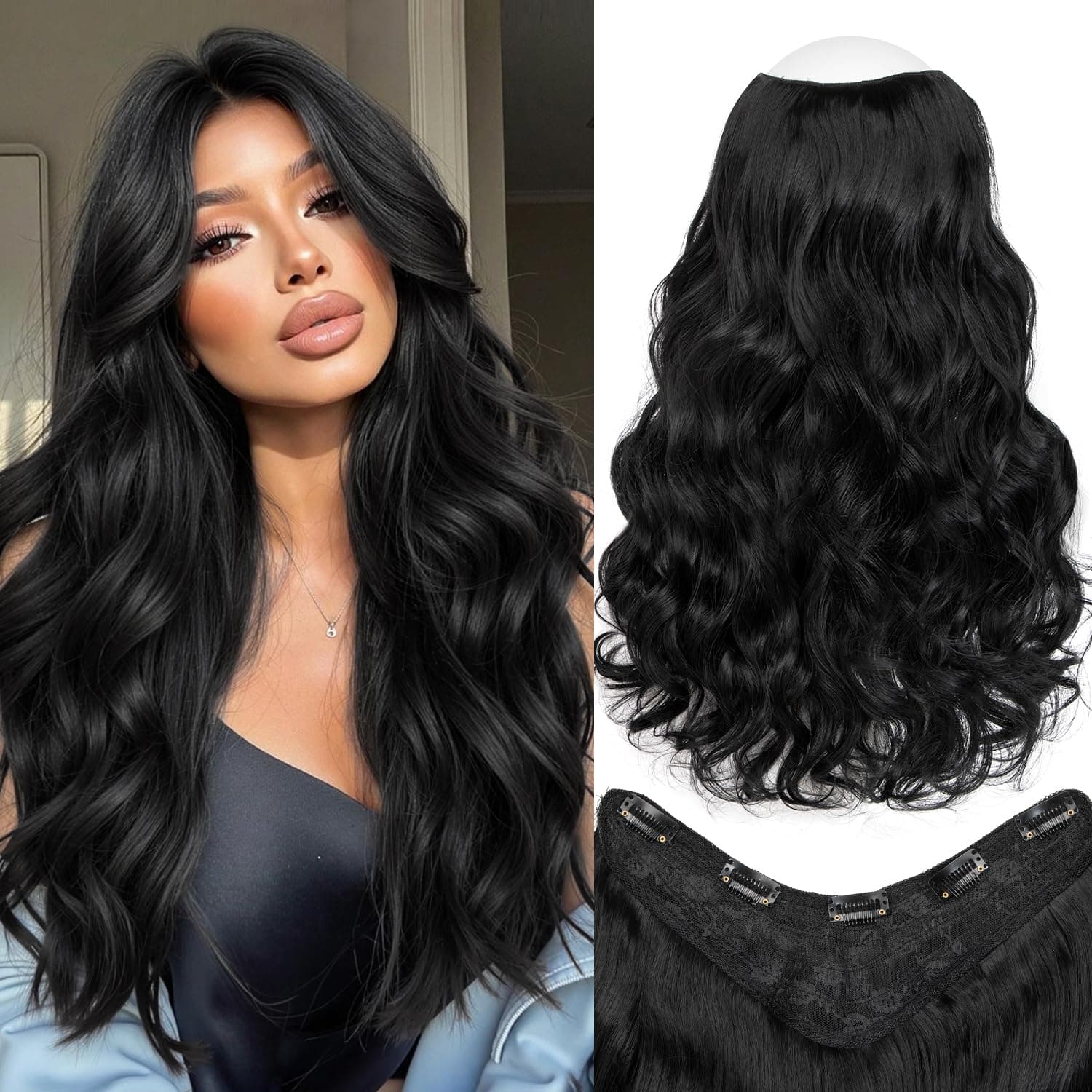 Clip in Hair Extensions for Women - Long Wavy Synthetic Hairpieces, Soft Full Head Extensions for Everyday & Party, Heat Resistant Volumizing Hair Wefts-Black