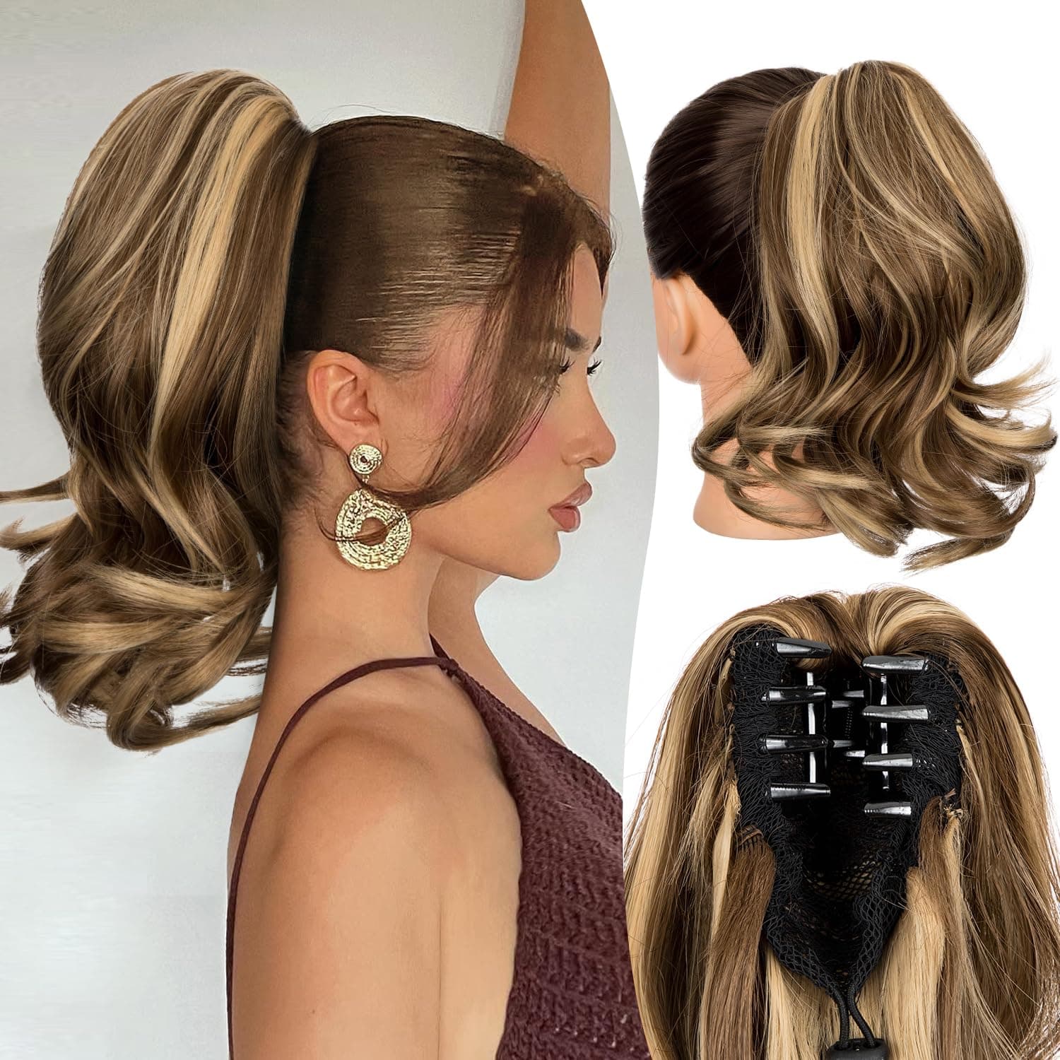 12Inch Ponytail Extension, Wavy Pony Tails Hair Extensions, Claw Clip in Ponytail Extension, Synthetic Hair Extensions Ponytail for Women - Chestnut Brown With Golden Highlights24