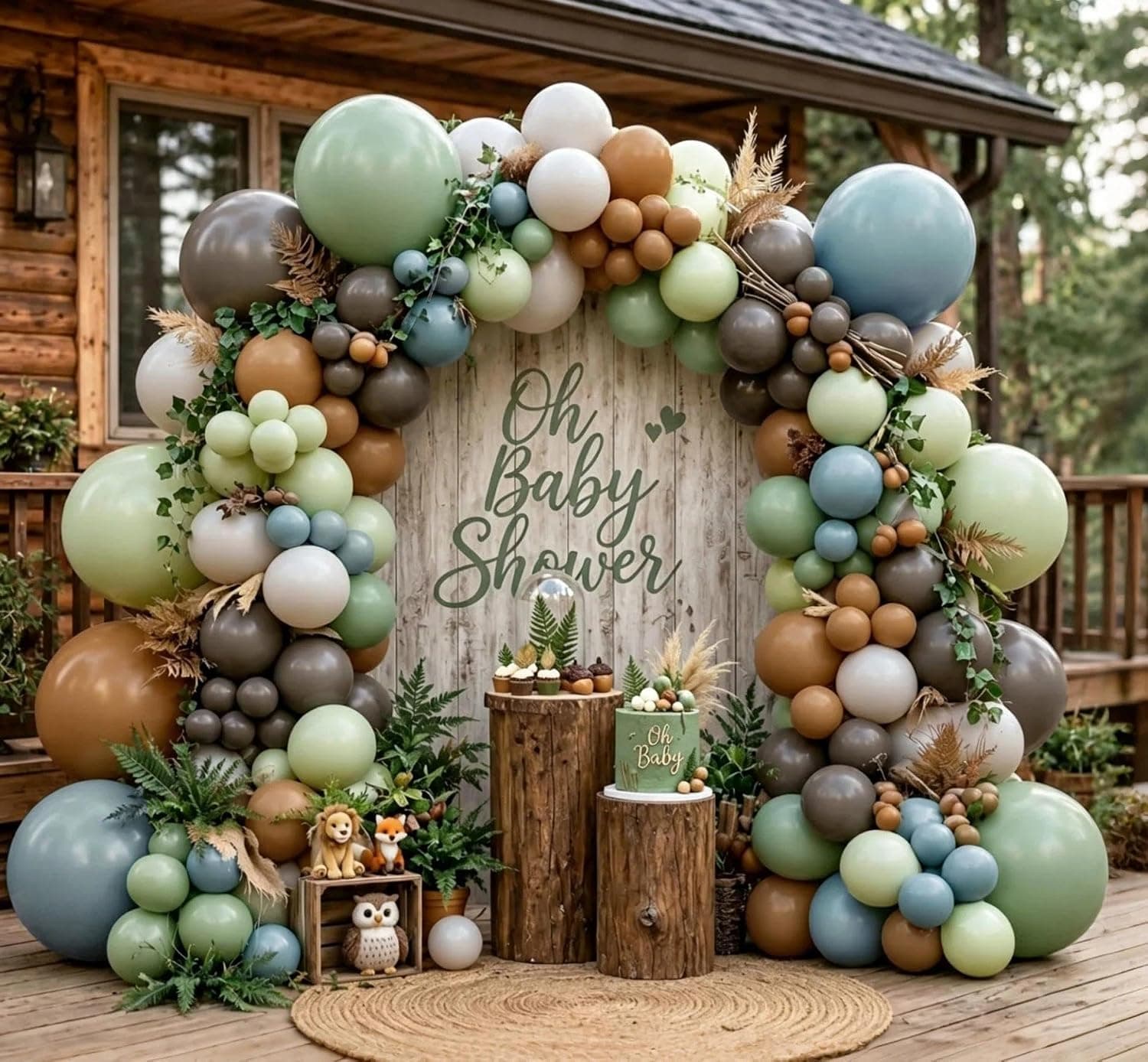 Sage Green Blue Brown Balloon Arch, 103PCS Double Stuffed Dusty Blue Olive Green Coffee Cream Balloon Garland for Neutral Baby Shower Birthday Safari Dinosaur Wild One Woodland Party Decorations
