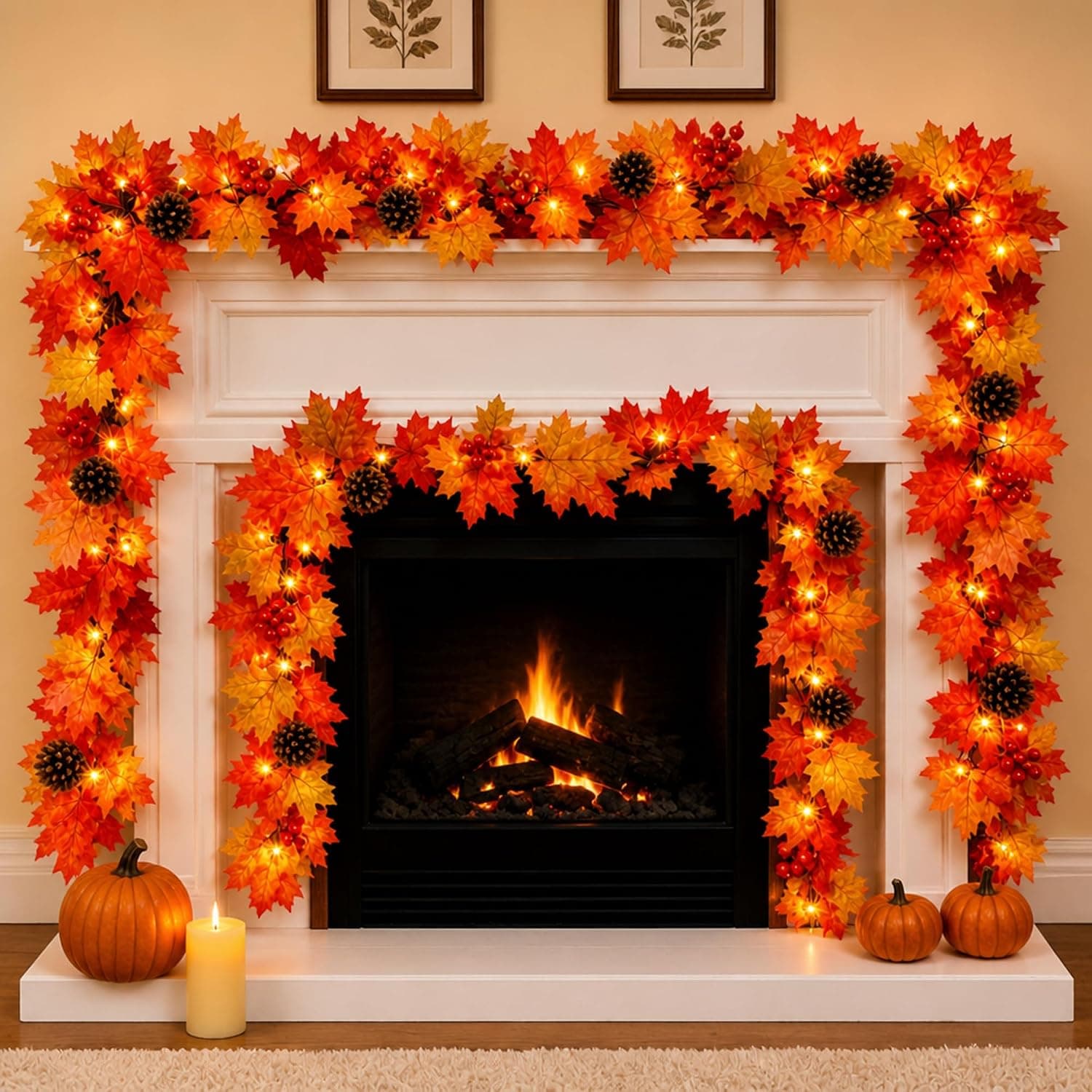 Fall Decorations Lighted Fall Garland with Pinecones and Berries, 9FT 50 Incandescent Bulbs UL Certified Connectable Lush and Thicker Fall Garland for Harvest Halloween Thanksgiving Decor