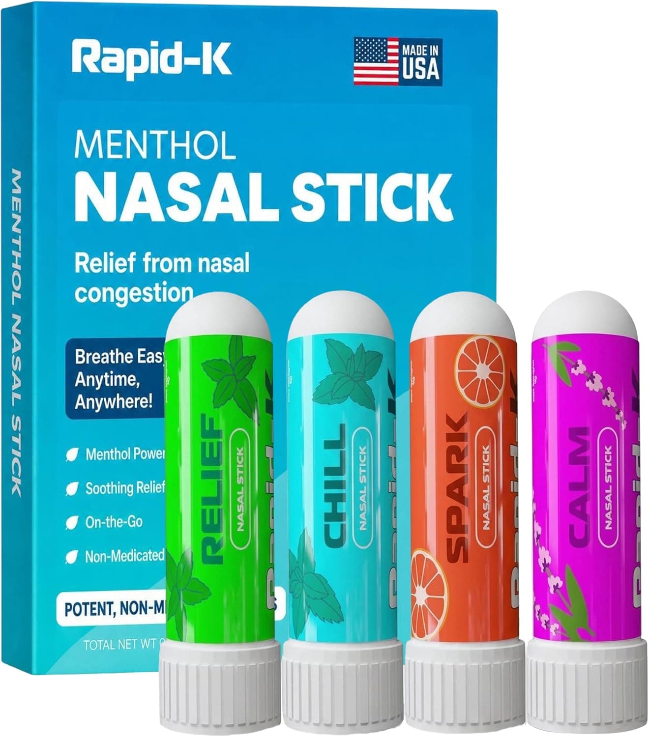 Rapid-K Nasal Inhaler Stick 4 Pack โ Nausea & Sinus Relief, Motion Sickness & Morning Sickness โ Non-Medicated Menthol Aromatherapy Inhalers โ Mint, Wintergreen, Lavender, Tropical Variety Pack