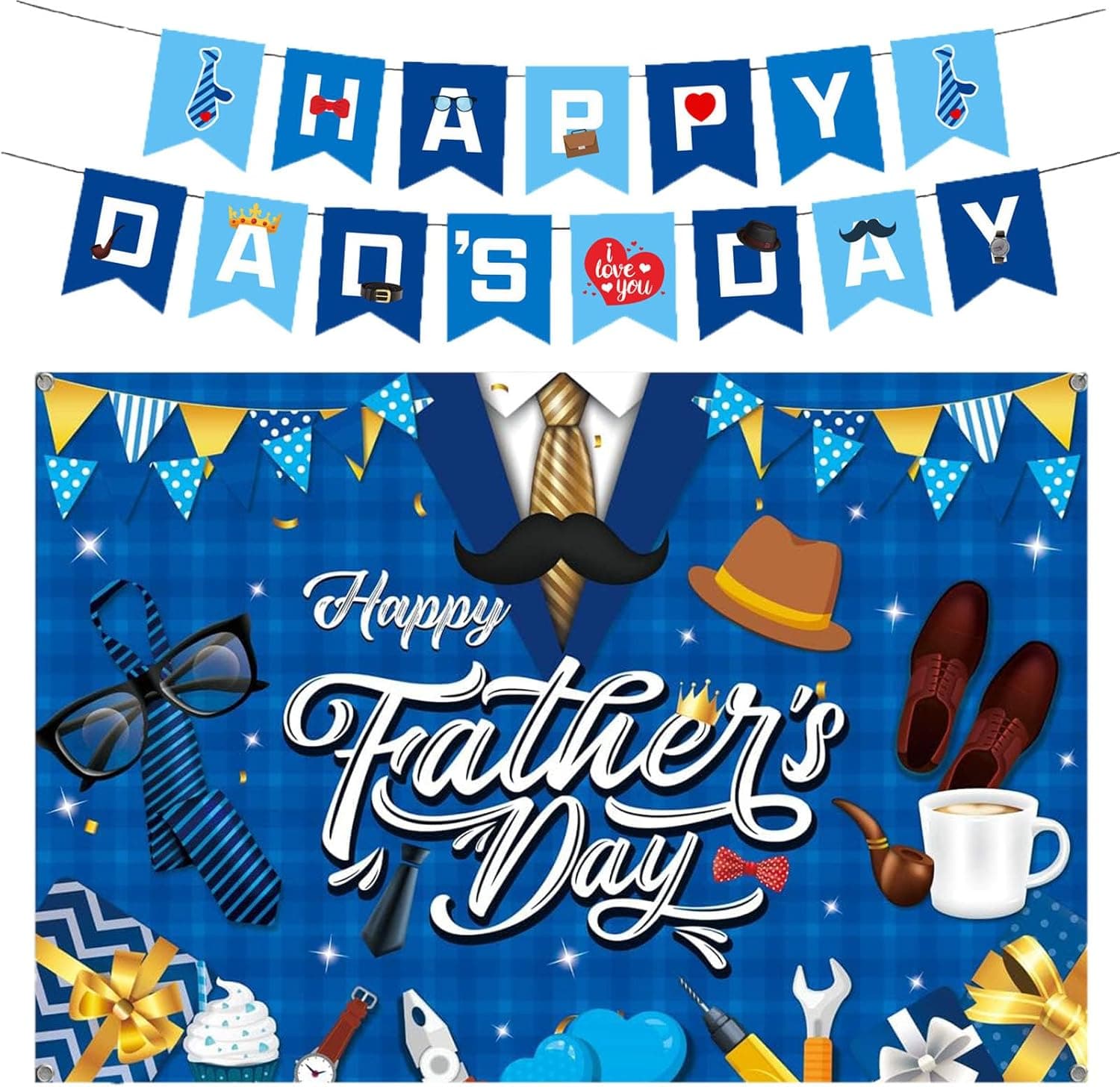 70 x 43 Inch Happy Father's Day Backdrop Banner Decoration Blue - Suit Tie Coffee Cup Party Photography Background for Indoor Outdoor Garden, Yard, Home Decor Supplies
