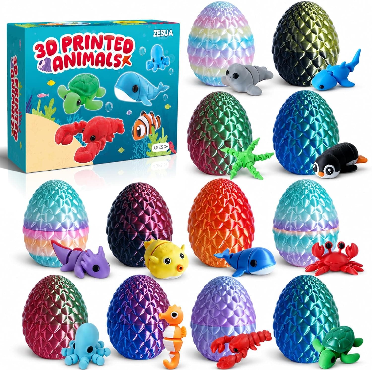 Zesua Party Favors for Kids - 12 Pcs 3D Printed Articulated Ocean Animals in Sparkle Eggs, Sensory Fidget Toys, Classroom Prizes, Easter Basket Stuffers, Christmas Stocking Stuffers