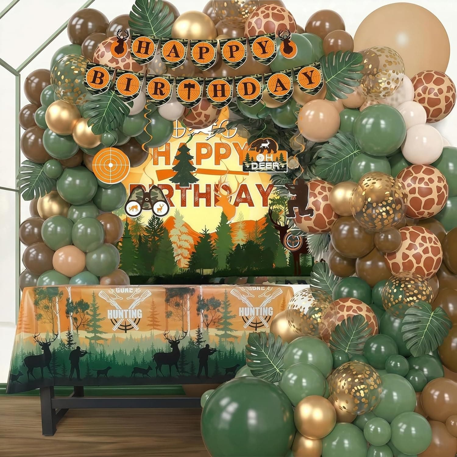 Hunting Birthday Party Decorations, Camo Birthday Party Decorations Supplies with Camo Deer Theme, Balloon Arch, Backdrop, Banner for Outdoor Camping Picnic Bday