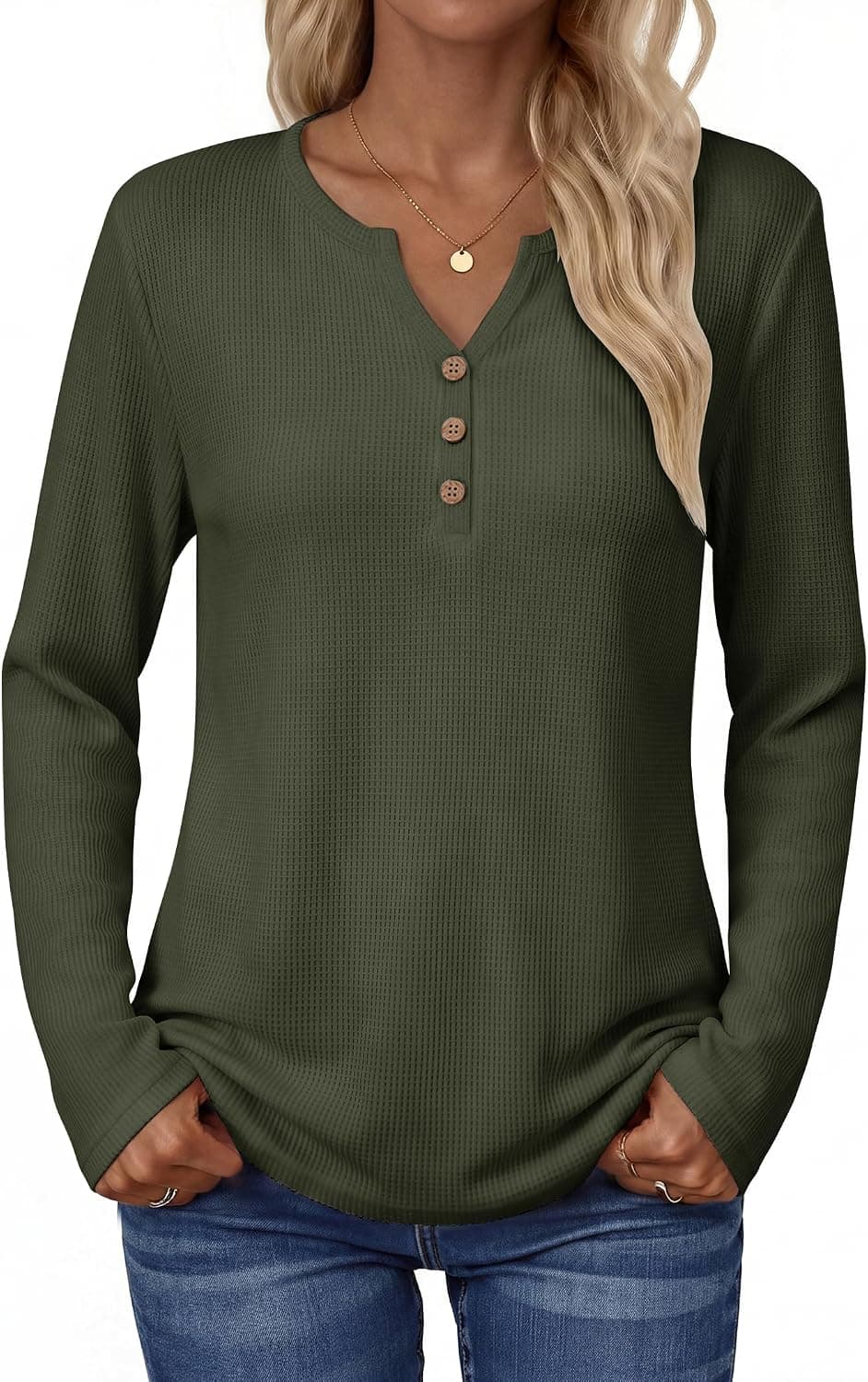 Zeagoo Women's Long Sleeve Waffle Knit Shirts Dressy Casual Loose Button Up V Neck Tops 2026 Fall Basic Tee Blouse