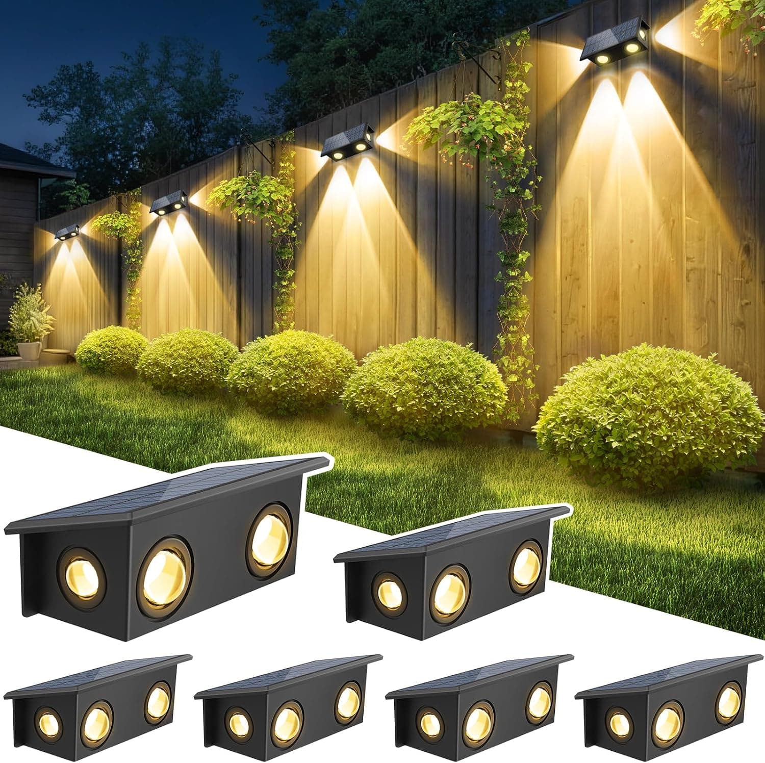 T-SUN Solar Fence Lights, 6 Pack Fence Lights Solar Powered 3000K Warm White, IP65 Waterproof Solar Wall Light Outdoor for Yard Step Patio Railing Pool Porch