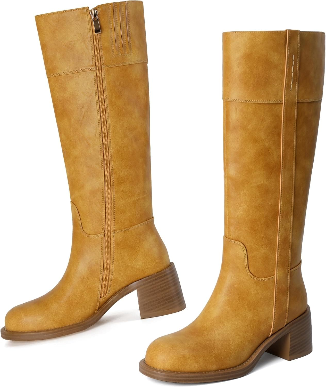 Knee High Boots Women Round Toe Chunky Block Heeled Boots Side Zipper Tall Gogo Boots Shoes