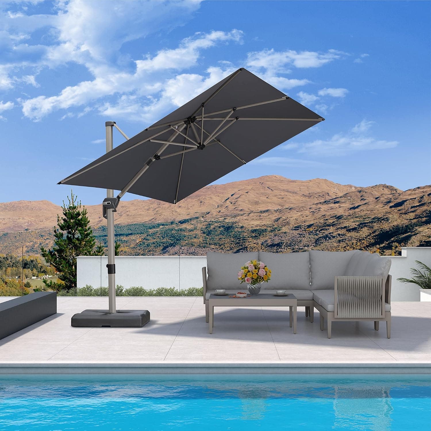 PURPLE LEAF 8’ X 8‘ Patio Umbrella Outdoor Cantilever Umbrella, Aluminum Offset Umbrella with Champagne Frame and 360° Rotation for Pool Deck Garden, Light Grey