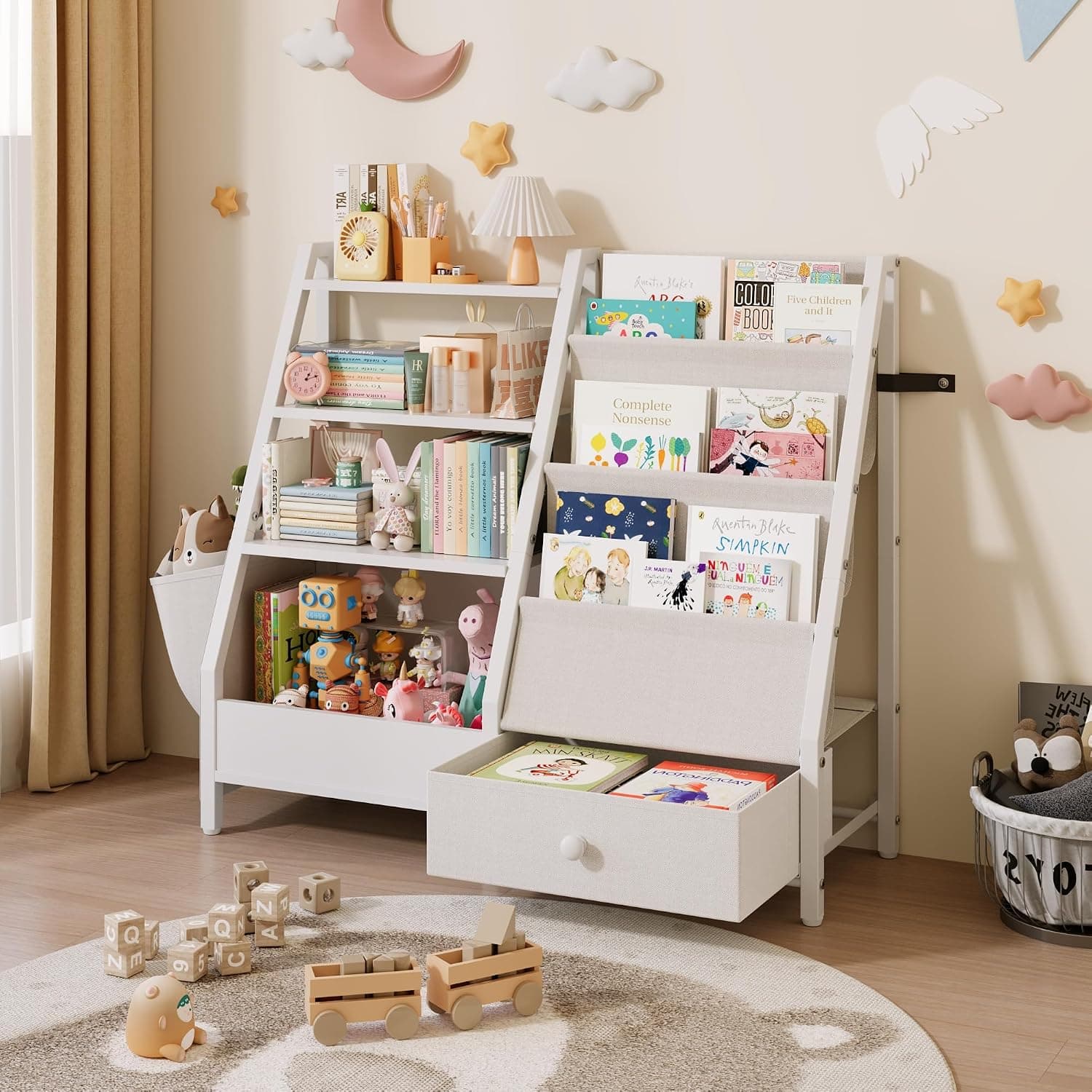 Kids Bookshelf and Toy Storage Organizer, Montessori 3 Tier Baby Toddler Sling Book Shelf with Drawer Pockets for Kids Room, Nursery, Playroom, Bedroom, White