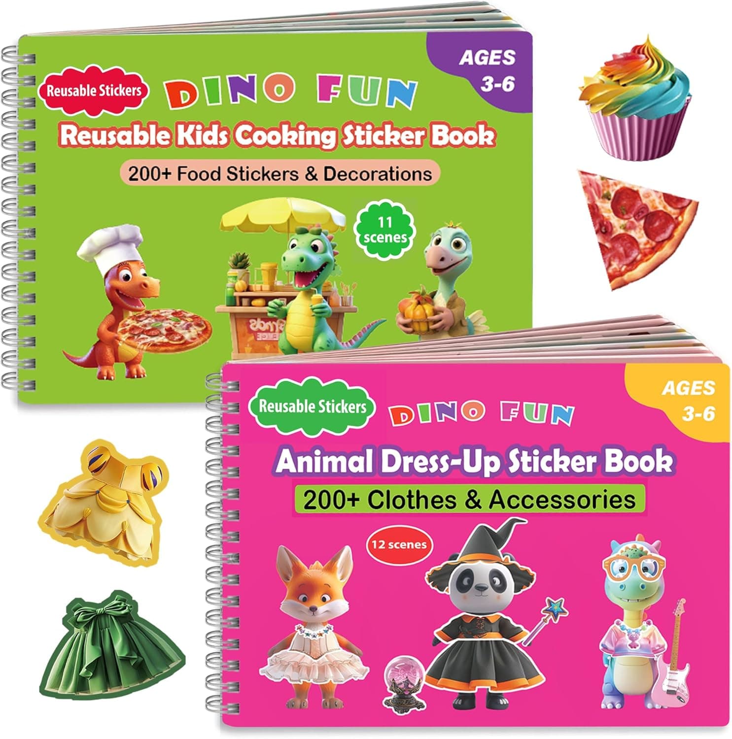Dino Fun 2-in-1 Reusable Sticker Book for Kids – Animal Dress-Up & Cooking Play, 23 Scenes, 500+ Stickers, Fun Activity Book for Toddlers Ages 3+, Removable Sticker for Boys & Girls