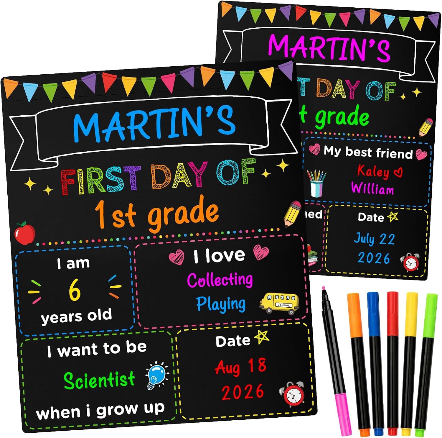 First Day of School Sign with Liquid Chalk Markers 12"x10" Double-Sided First and Last Day of School Sign Reusable Back to School Chalkboard for Kindergarten Preschool All Grades